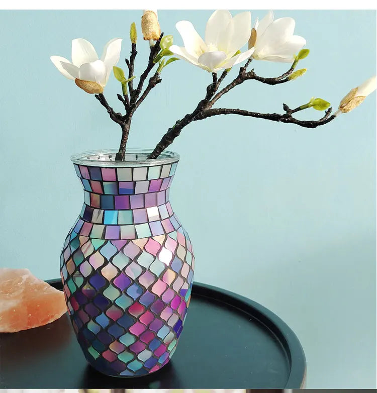 European Style Pastoral Mosaic Glass Vase, Pink and Purple, Fashion Home and Restaurant Decoration Furnishings