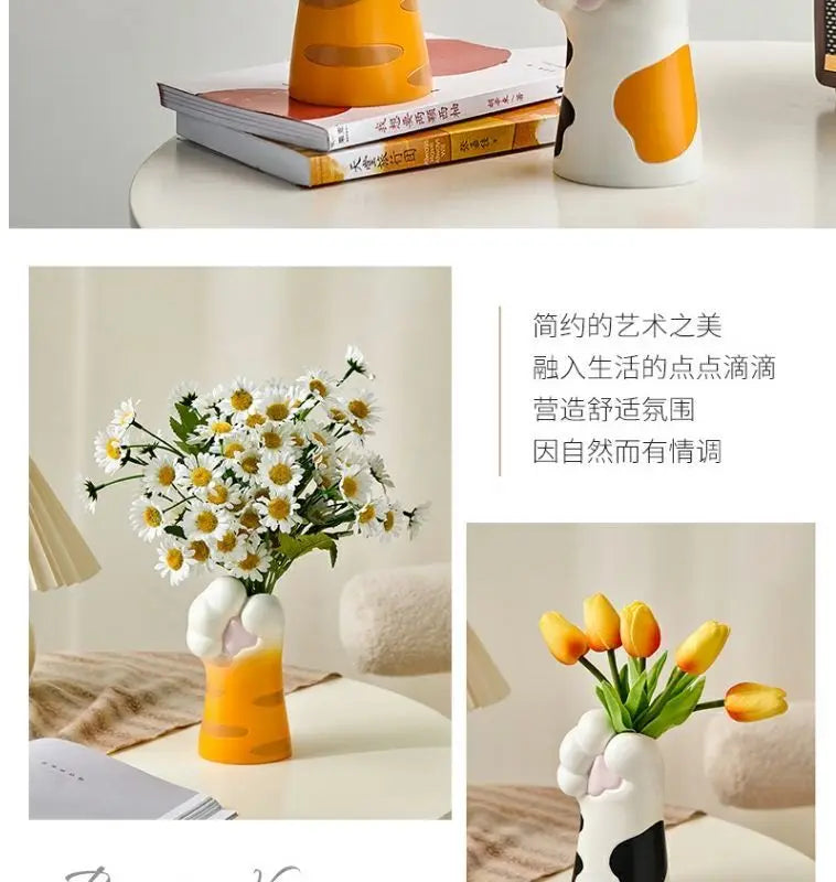 Cute Cat Hand Vase Ornament Ins Dry Flower Simulation Flower Living Room Foyer Decoration Dining Flower Arrangement Ceramicpot