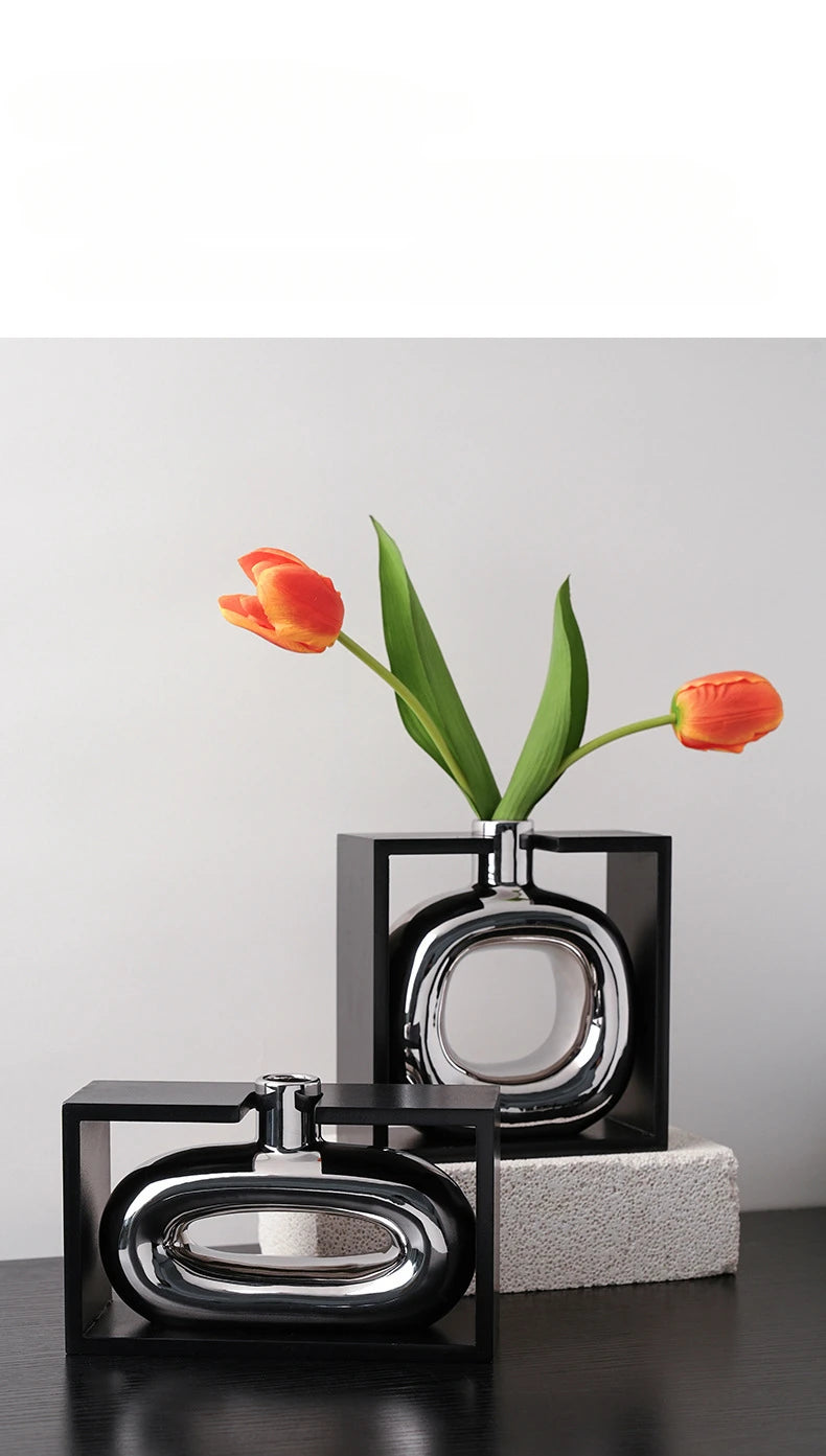 Silver Ceramic Vase Hollow Cutout Frame Hydroponic Flower Arrangement Flower Vase Terrarium Home Decoration Accessories