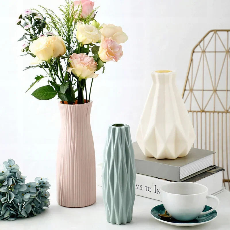 Modern Flower Vase Plastic Vases for Flowers White Pink Plastic Vase Flower Pot Basket Nordic Home Living Room Decoration