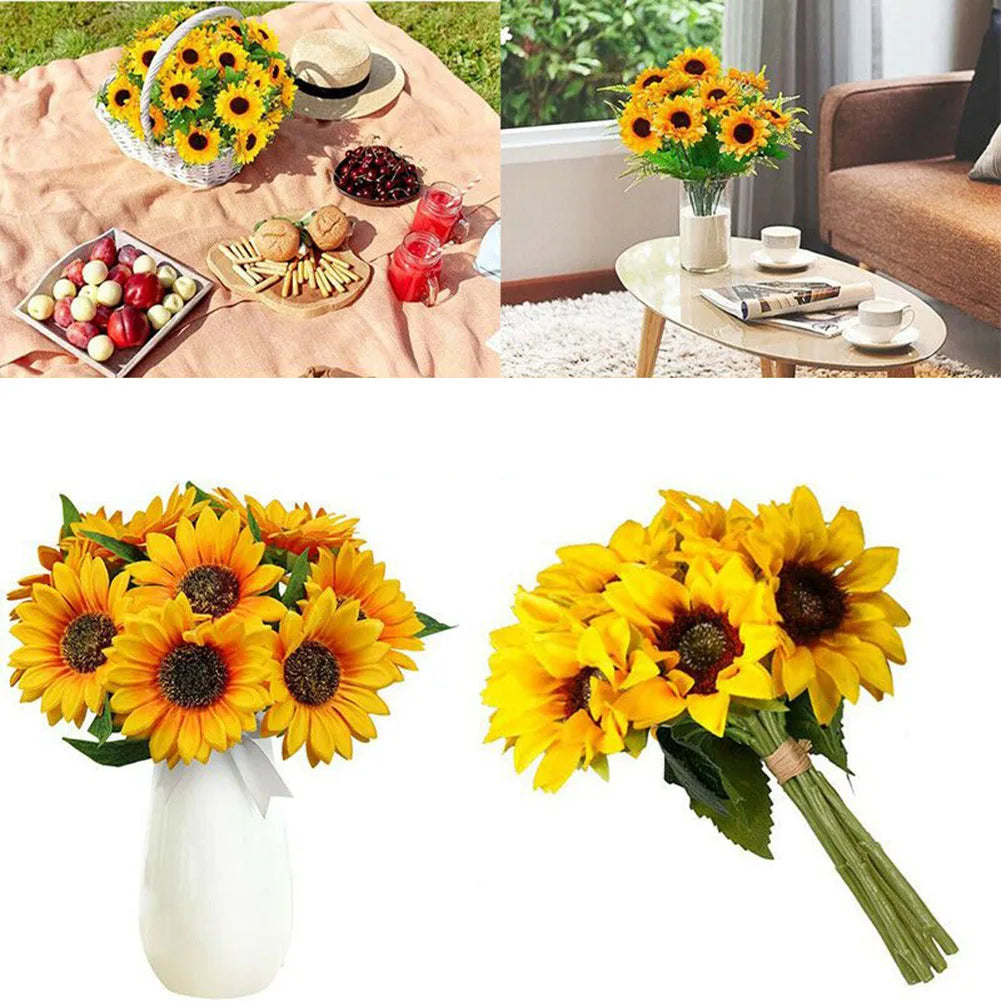 1 Bunch 7 Heads Silk Artificial Sunflowers Fake Flower Bouquet For Garden Wedding Bookstore Party Christmas Decoration