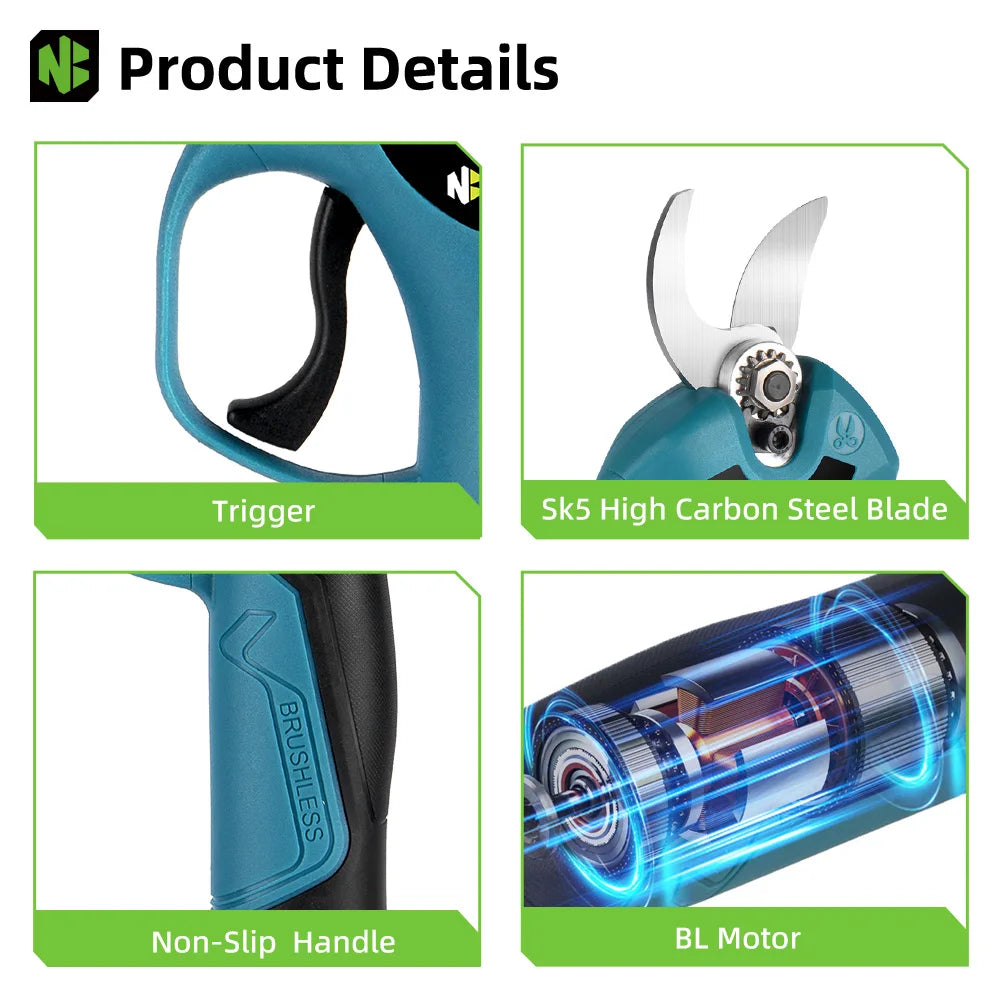 NEWBENY 30mm Cordless Brushless Electric Pruning Shears – 4 Gears, Fits Makita 18V Battery