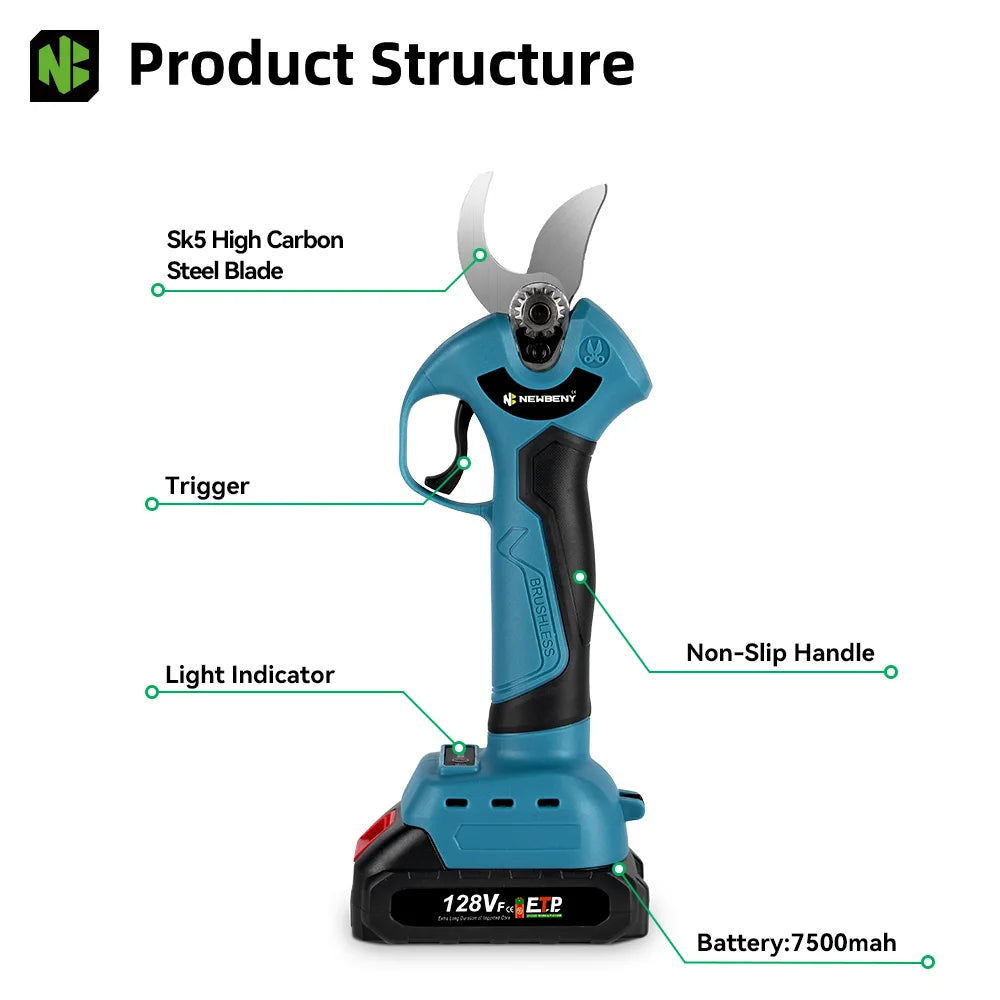 NEWBENY 30mm Cordless Brushless Electric Pruning Shears – 4 Gears, Fits Makita 18V Battery