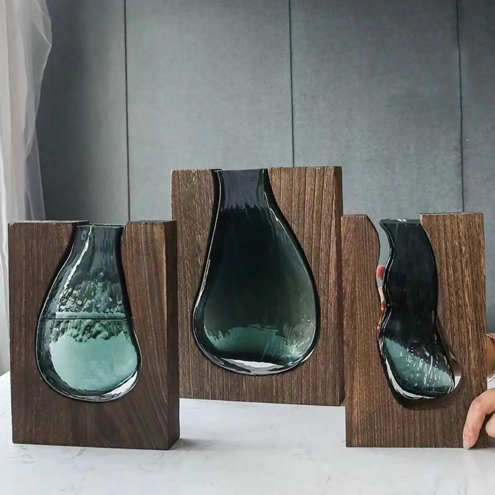 Home Decor Wooden Glass Vase Creative Transparent Hydroponic Flower Holder Exquisite Removable Flower Pot Gift