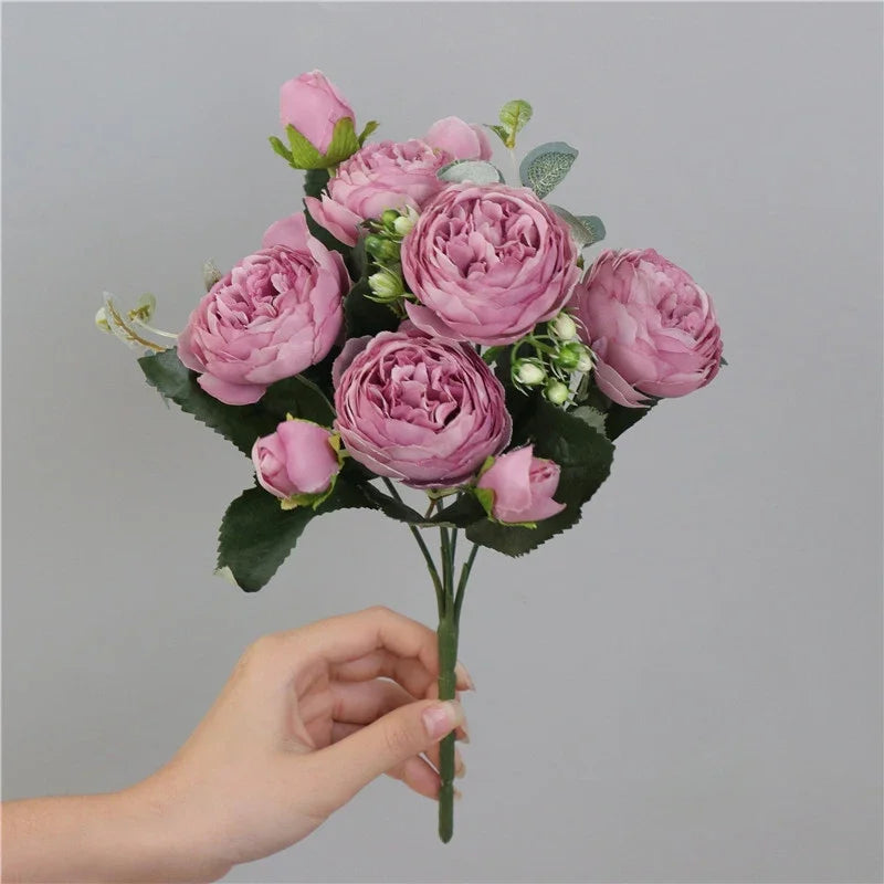 1 Bouquet purple Artificial Flowers Peony Tea Rose Autumn Silk Fake Flowers for DIY Living Room Home Garden Wedding Decoration