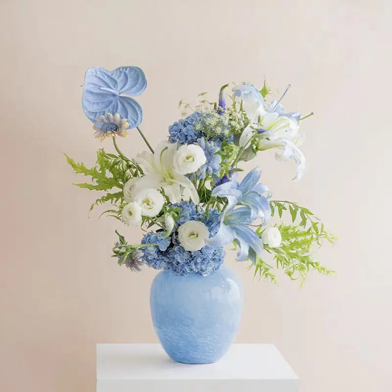 Modern Minimalist Cloudy Blue Glazed Glass Vase - Elegant Floral Centerpiece for Living Room & Entryway | Durable Decor, Perfect