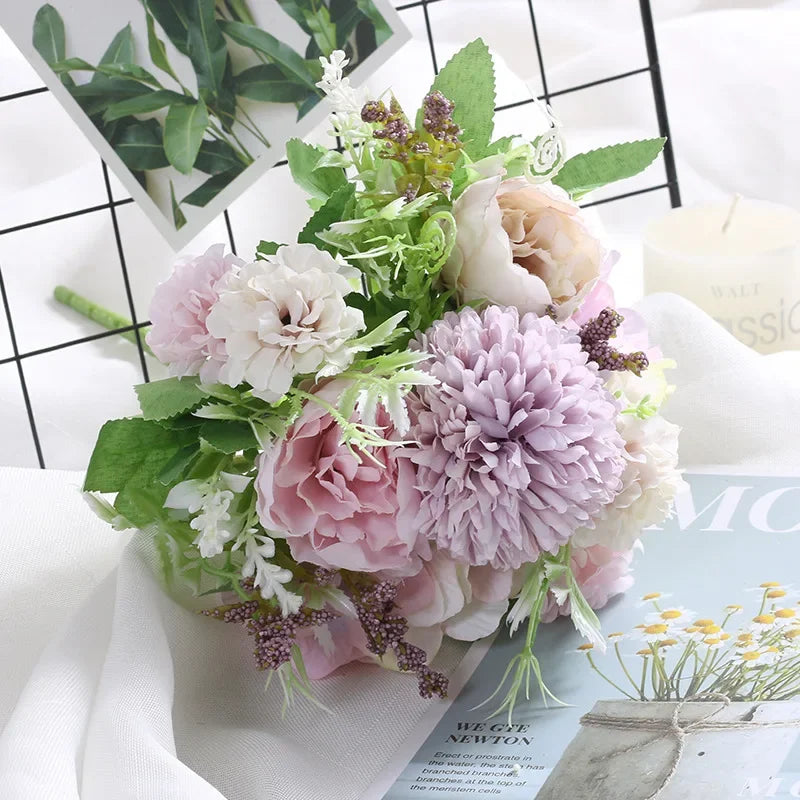 1 Bouquet purple Artificial Flowers Peony Tea Rose Autumn Silk Fake Flowers for DIY Living Room Home Garden Wedding Decoration