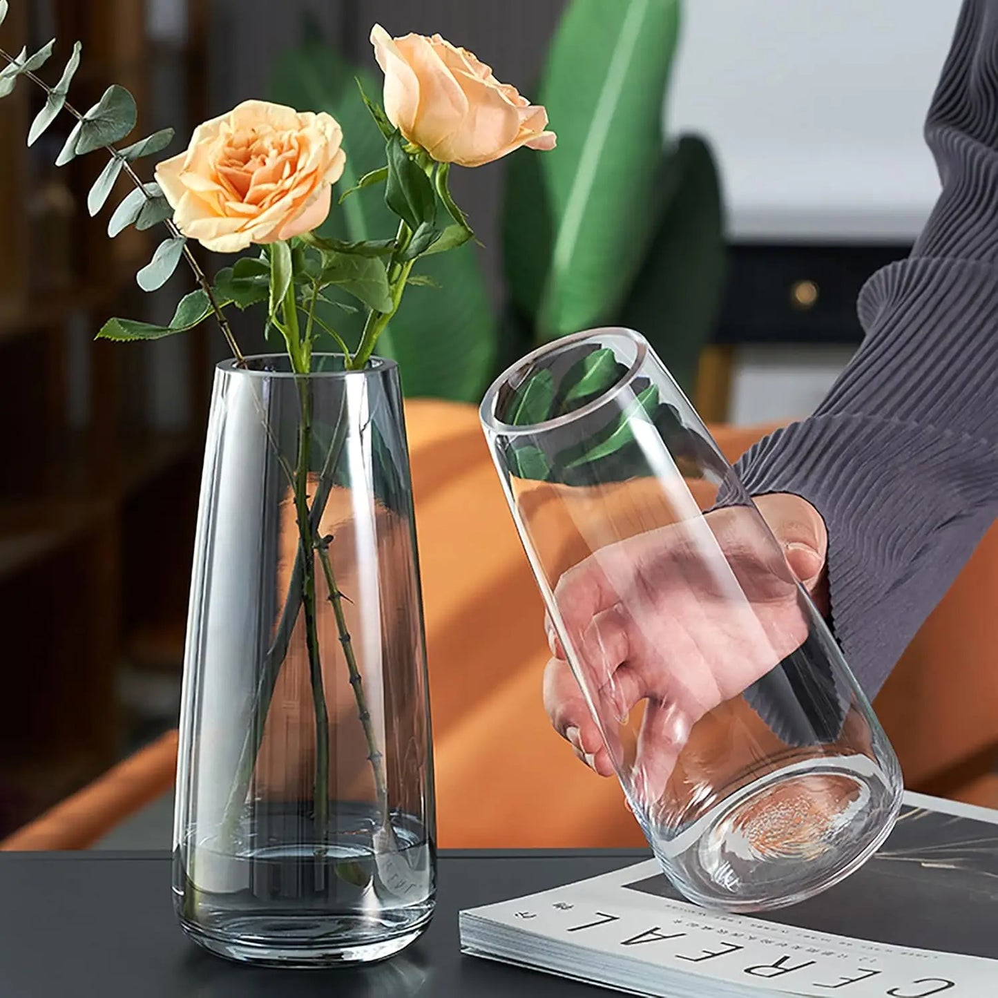 Modern Glass Vase Irised Crystal Clear Glass Vase for Home Office Decor (Crystal Grey)