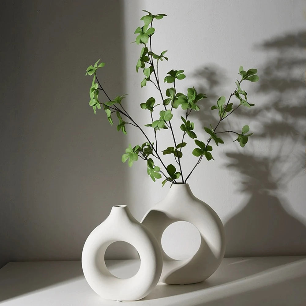 Nordic Vase Circular Hollow Ceramic Flower Vase For Home Living Room Decoration Accessories Interior Office Desktop Decor Gift