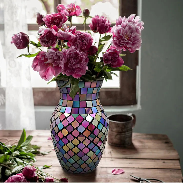 European Style Pastoral Mosaic Glass Vase, Pink and Purple, Fashion Home and Restaurant Decoration Furnishings