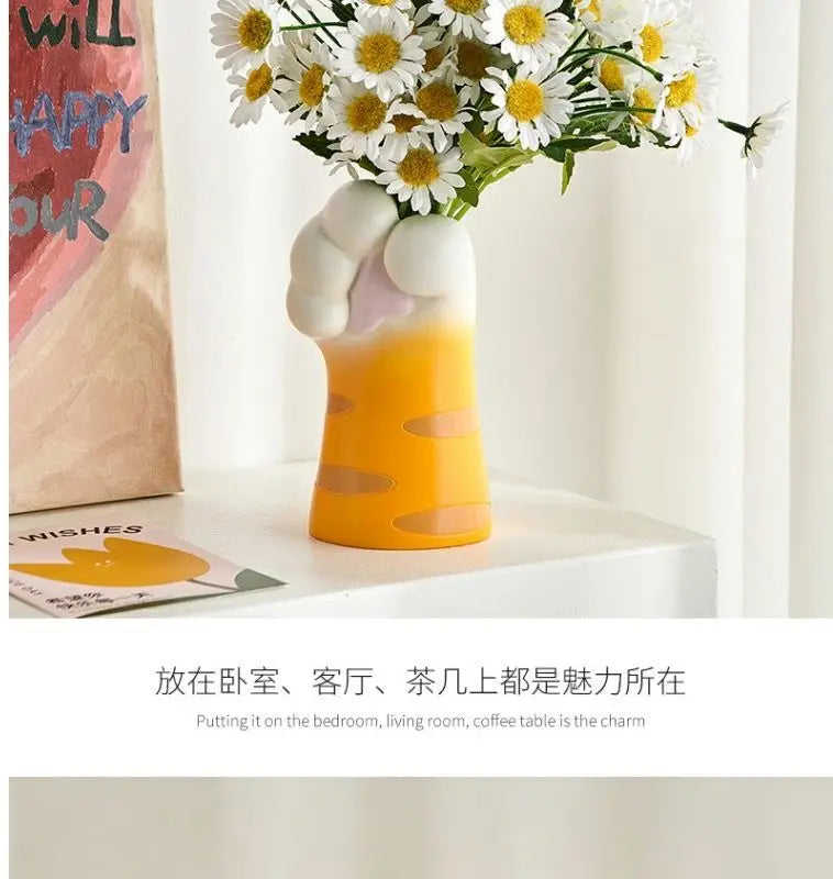 Cute Cat Hand Vase Ornament Ins Dry Flower Simulation Flower Living Room Foyer Decoration Dining Flower Arrangement Ceramicpot