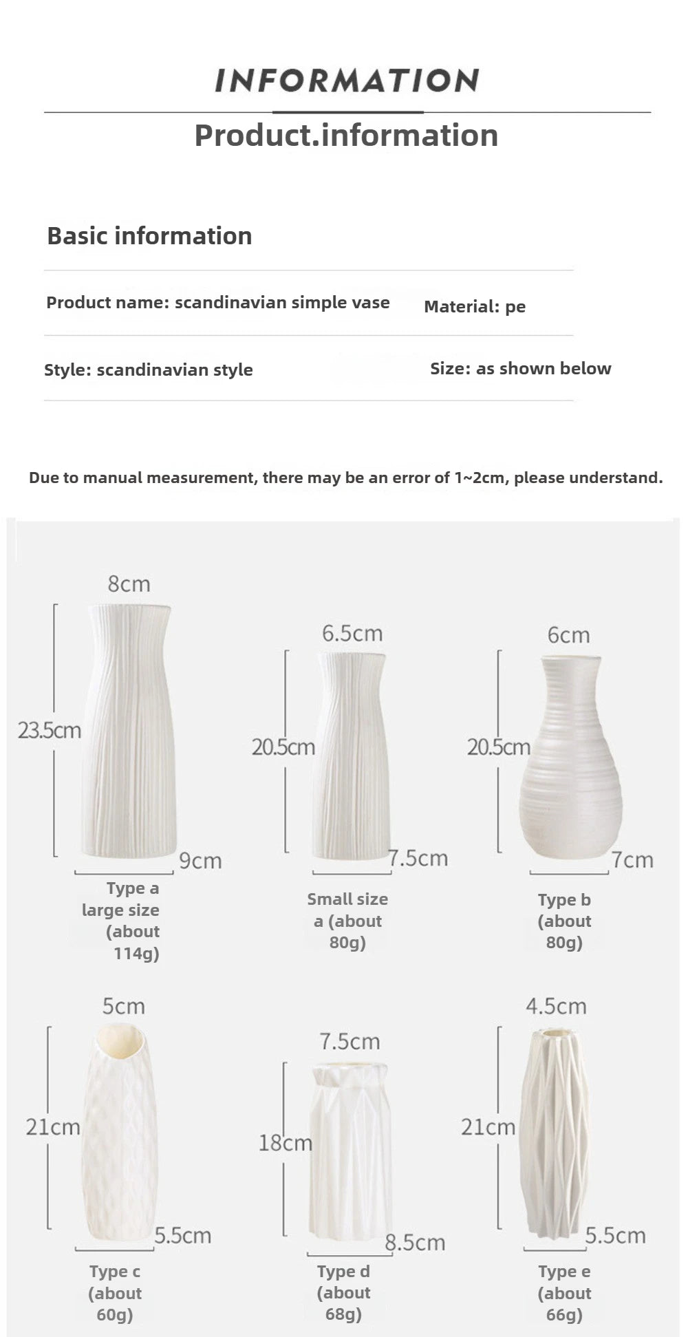 Unbreakable Vase for Flowers Ceramic Look Plastic Vase for Home Decor Living Room Table Wedding Party Living Room Decor Ornament
