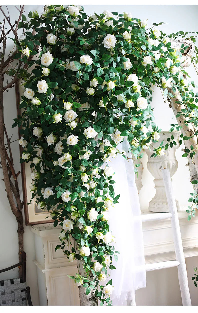 1.75m Artificial Rose Vine 22 Head Flower Fake Green Plant Flower Vine Wedding Arch Air Conditioning Pipe Wall Hanging Decor