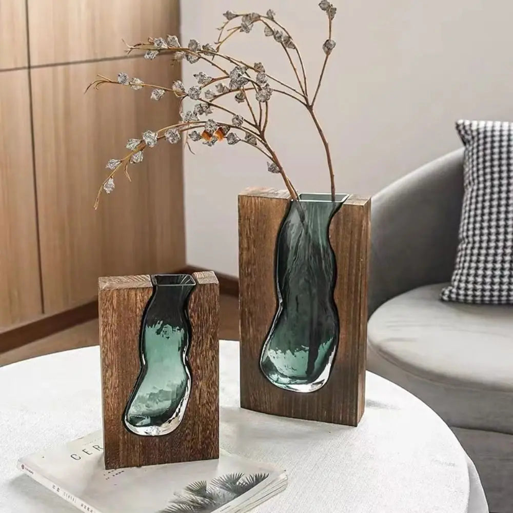 Home Decor Wooden Glass Vase Creative Transparent Hydroponic Flower Holder Exquisite Removable Flower Pot Gift