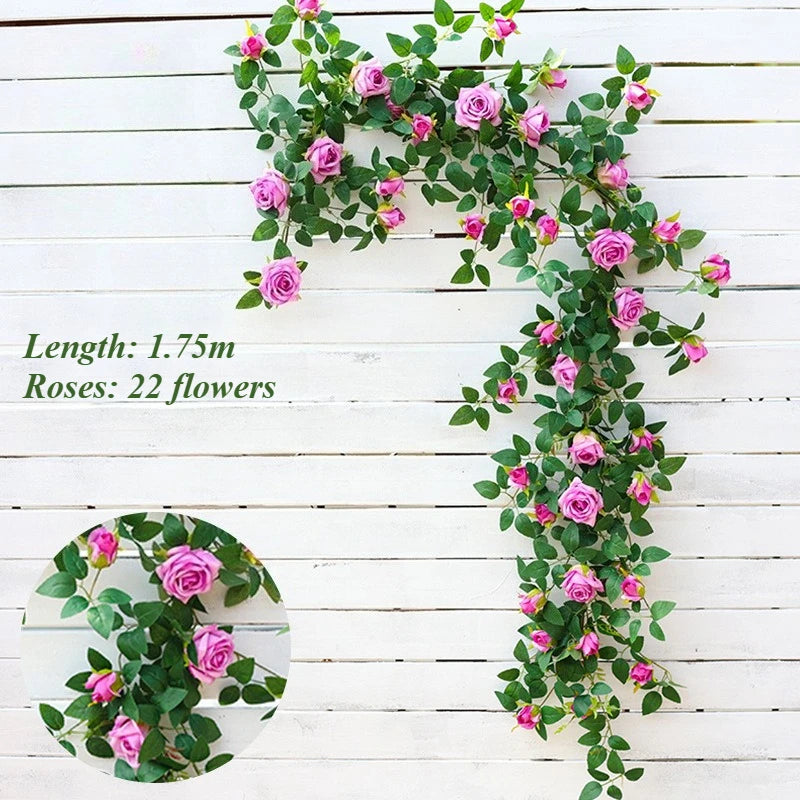 1.75m Artificial Rose Vine 22 Head Flower Fake Green Plant Flower Vine Wedding Arch Air Conditioning Pipe Wall Hanging Decor