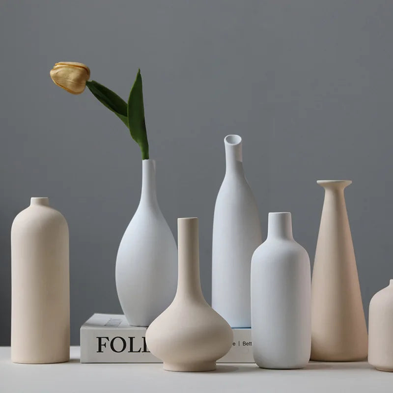 Nordic Simple Plain Ceramic Vase Modern White Beige Dried Flower Bottle Living Room Porch TV Cabinet Art Aesthetic Ornaments