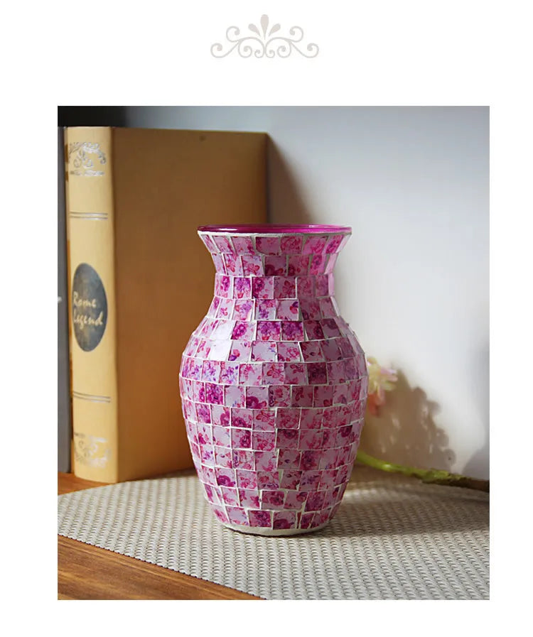 European Style Pastoral Mosaic Glass Vase, Pink and Purple, Fashion Home and Restaurant Decoration Furnishings