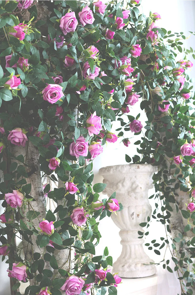 1.75m Artificial Rose Vine 22 Head Flower Fake Green Plant Flower Vine Wedding Arch Air Conditioning Pipe Wall Hanging Decor