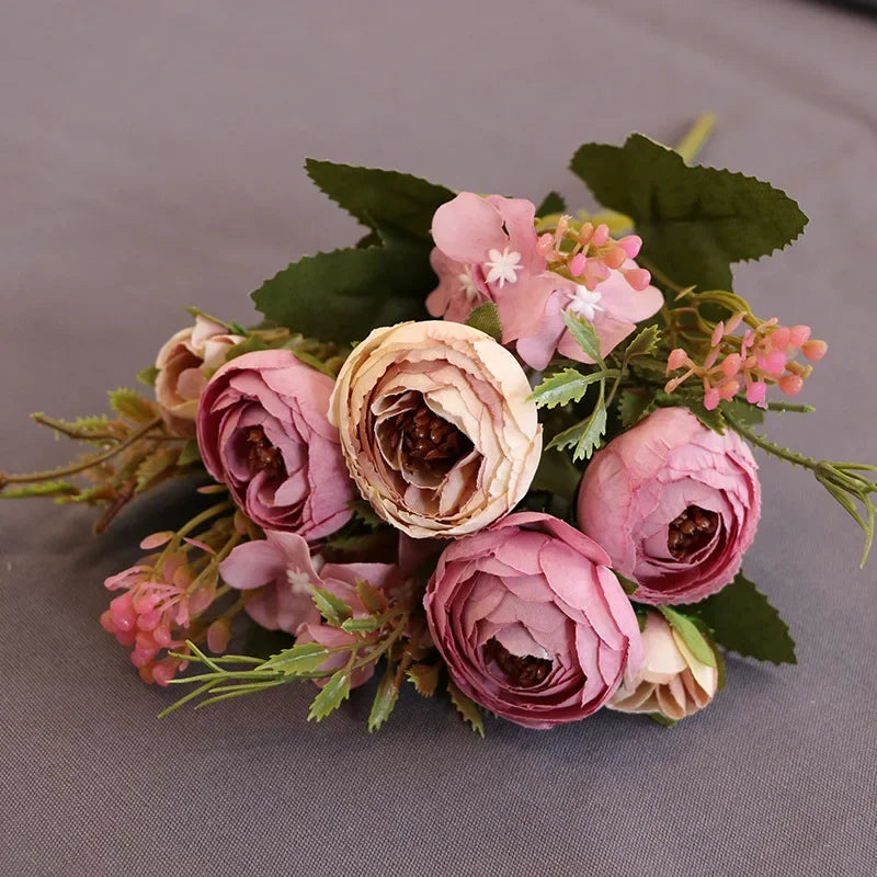 1 Bouquet purple Artificial Flowers Peony Tea Rose Autumn Silk Fake Flowers for DIY Living Room Home Garden Wedding Decoration