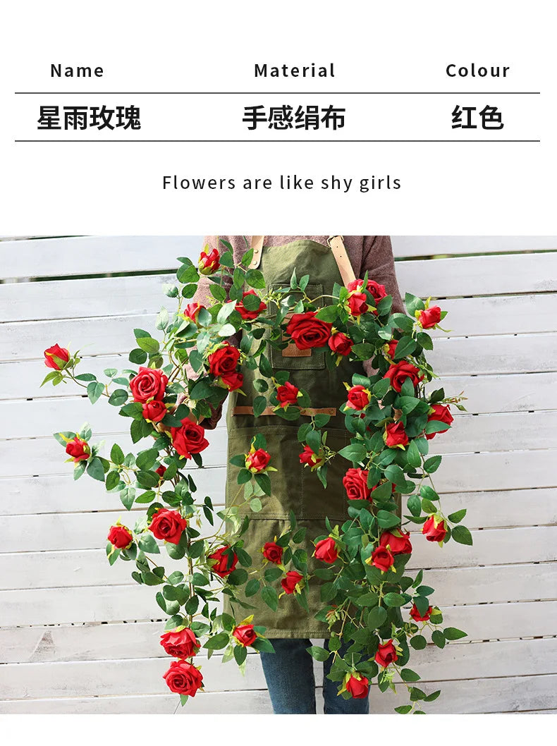 1.75m Artificial Rose Vine 22 Head Flower Fake Green Plant Flower Vine Wedding Arch Air Conditioning Pipe Wall Hanging Decor