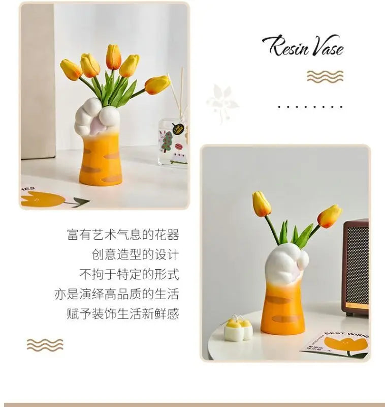 Cute Cat Hand Vase Ornament Ins Dry Flower Simulation Flower Living Room Foyer Decoration Dining Flower Arrangement Ceramicpot