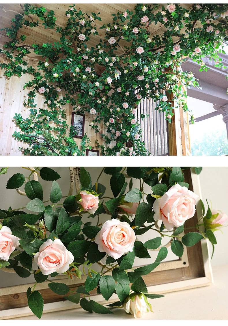 1.75m Artificial Rose Vine 22 Head Flower Fake Green Plant Flower Vine Wedding Arch Air Conditioning Pipe Wall Hanging Decor