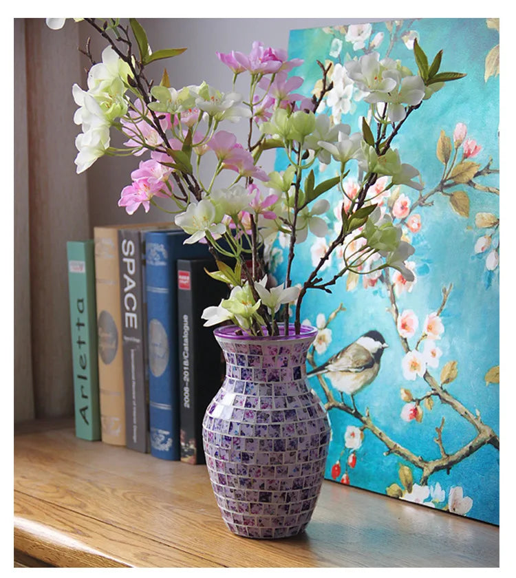 European Style Pastoral Mosaic Glass Vase, Pink and Purple, Fashion Home and Restaurant Decoration Furnishings