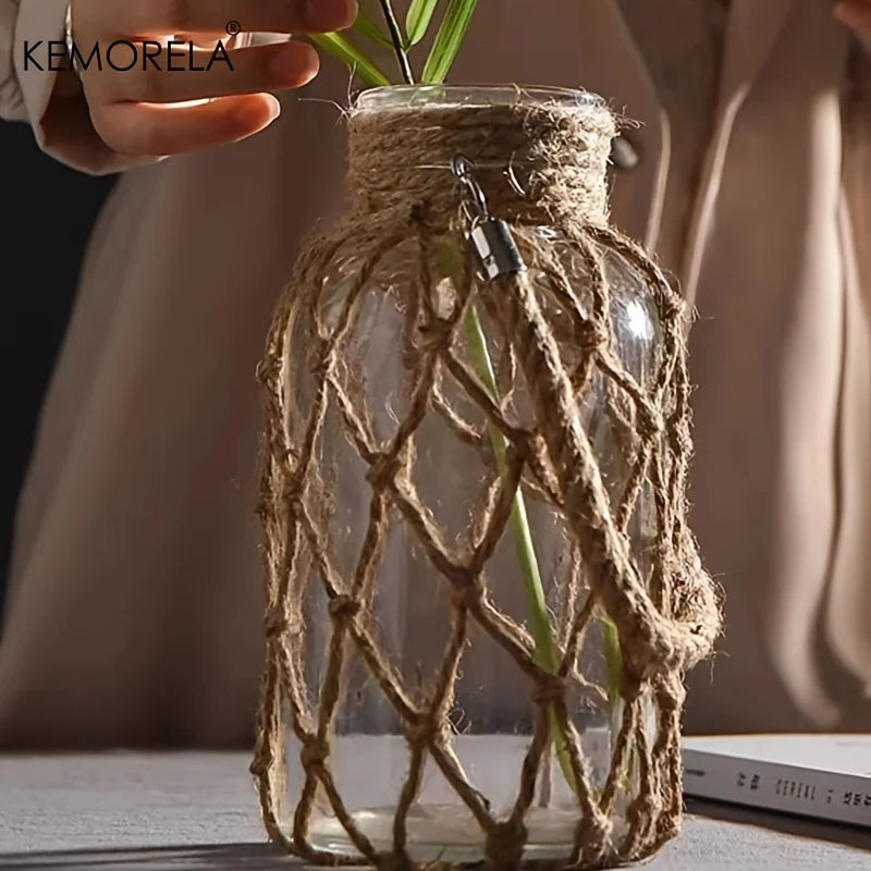 KEMORELA 1/2PCS Hand Woven Hemp Rope Glass Vase Dry Flower Table Decor Glass Vase Nordic Living Room Bedroom BohoHome Decoration