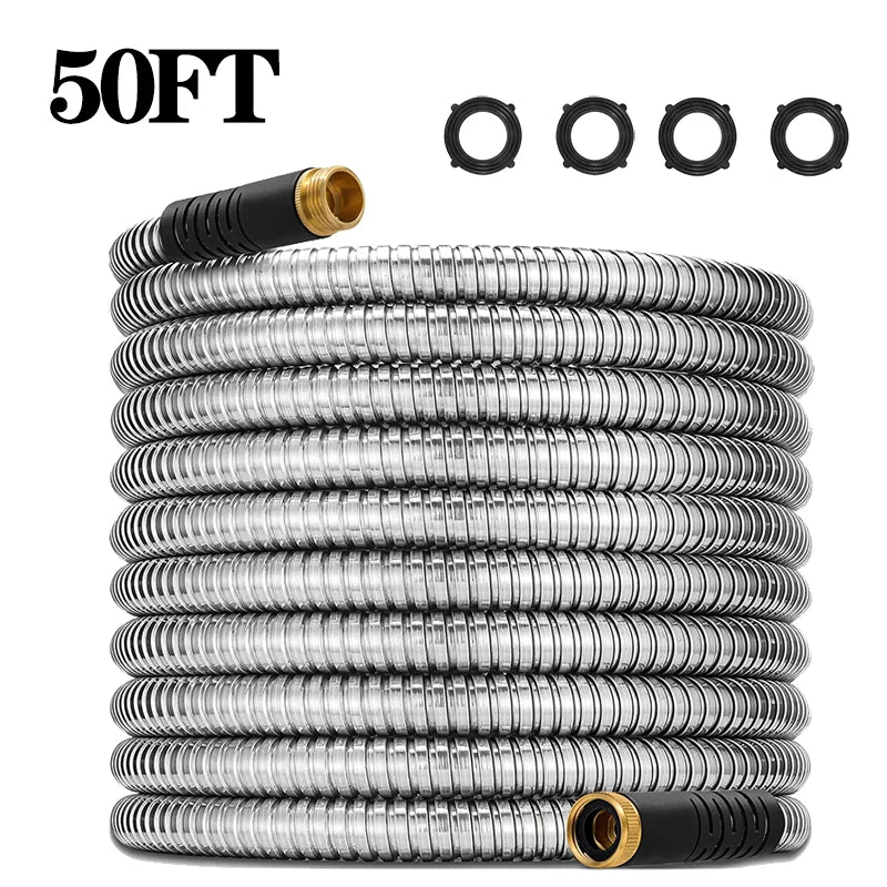 100ft Stainless Steel Garden Hose Metal Water Hose Patio Outdoor RV Car Wash Hose Watering Gun Hose Gardening Accessories