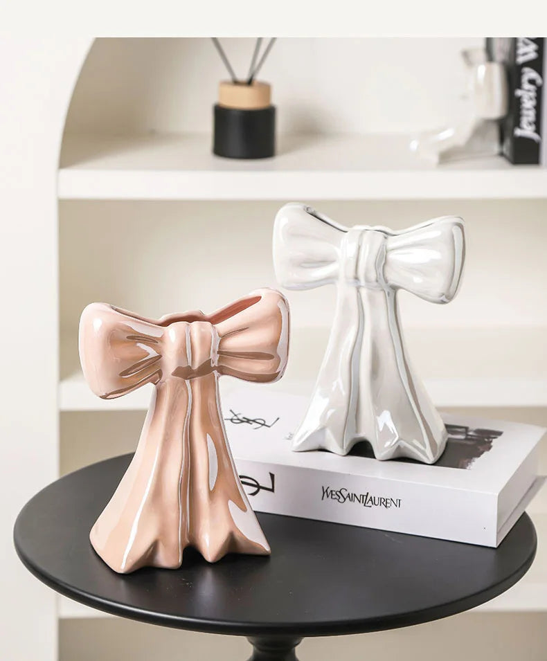 Lovely Bowknot Ceramic Vase Plant Pots Table Decoration Flowers Arrangement Shiny Porcelain Floral Vase Room Aesthetic Decor