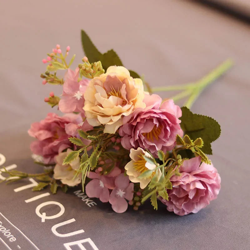 1 Bouquet purple Artificial Flowers Peony Tea Rose Autumn Silk Fake Flowers for DIY Living Room Home Garden Wedding Decoration