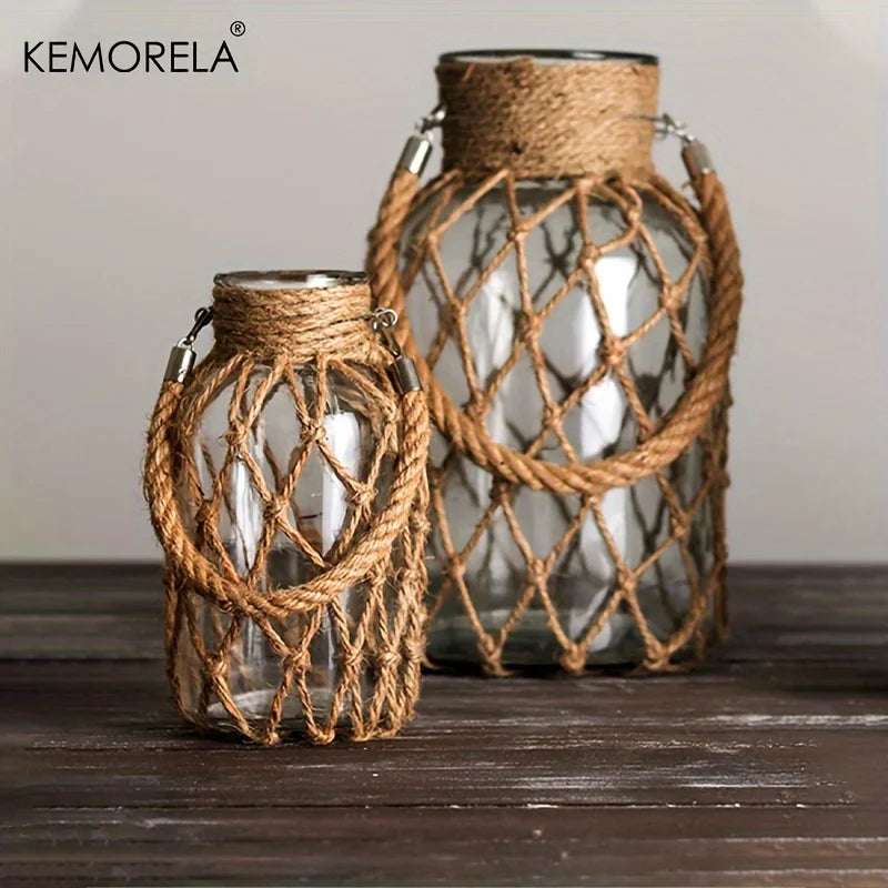 KEMORELA 1/2PCS Hand Woven Hemp Rope Glass Vase Dry Flower Table Decor Glass Vase Nordic Living Room Bedroom BohoHome Decoration