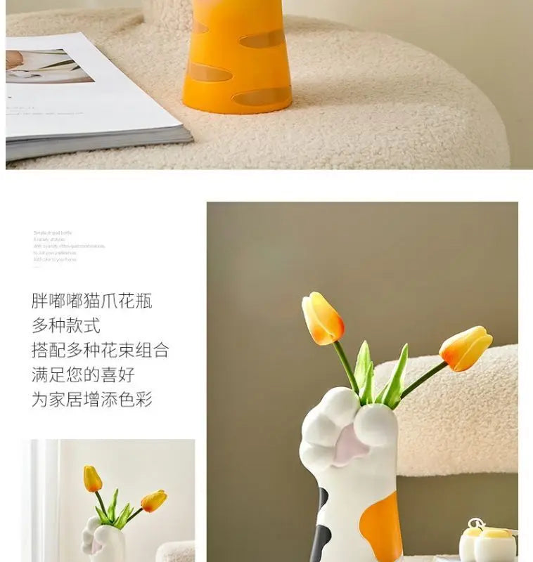 Cute Cat Hand Vase Ornament Ins Dry Flower Simulation Flower Living Room Foyer Decoration Dining Flower Arrangement Ceramicpot