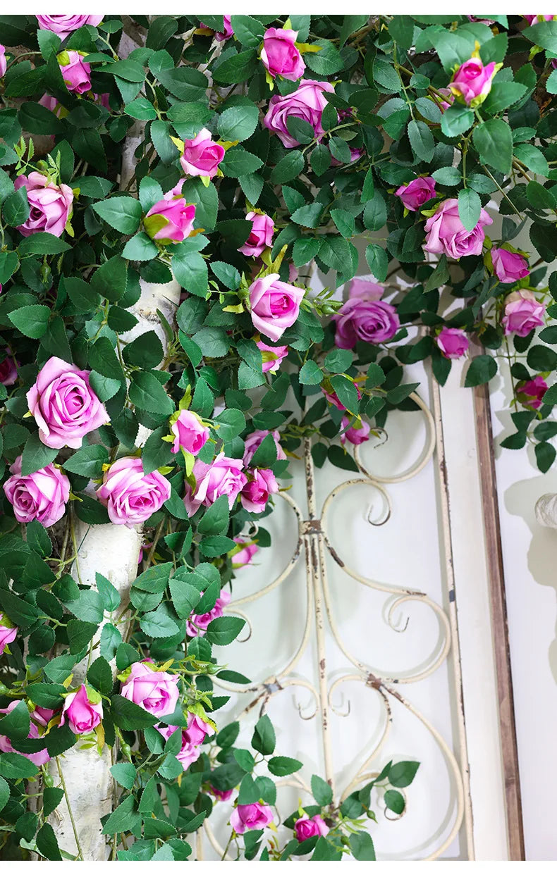 1.75m Artificial Rose Vine 22 Head Flower Fake Green Plant Flower Vine Wedding Arch Air Conditioning Pipe Wall Hanging Decor