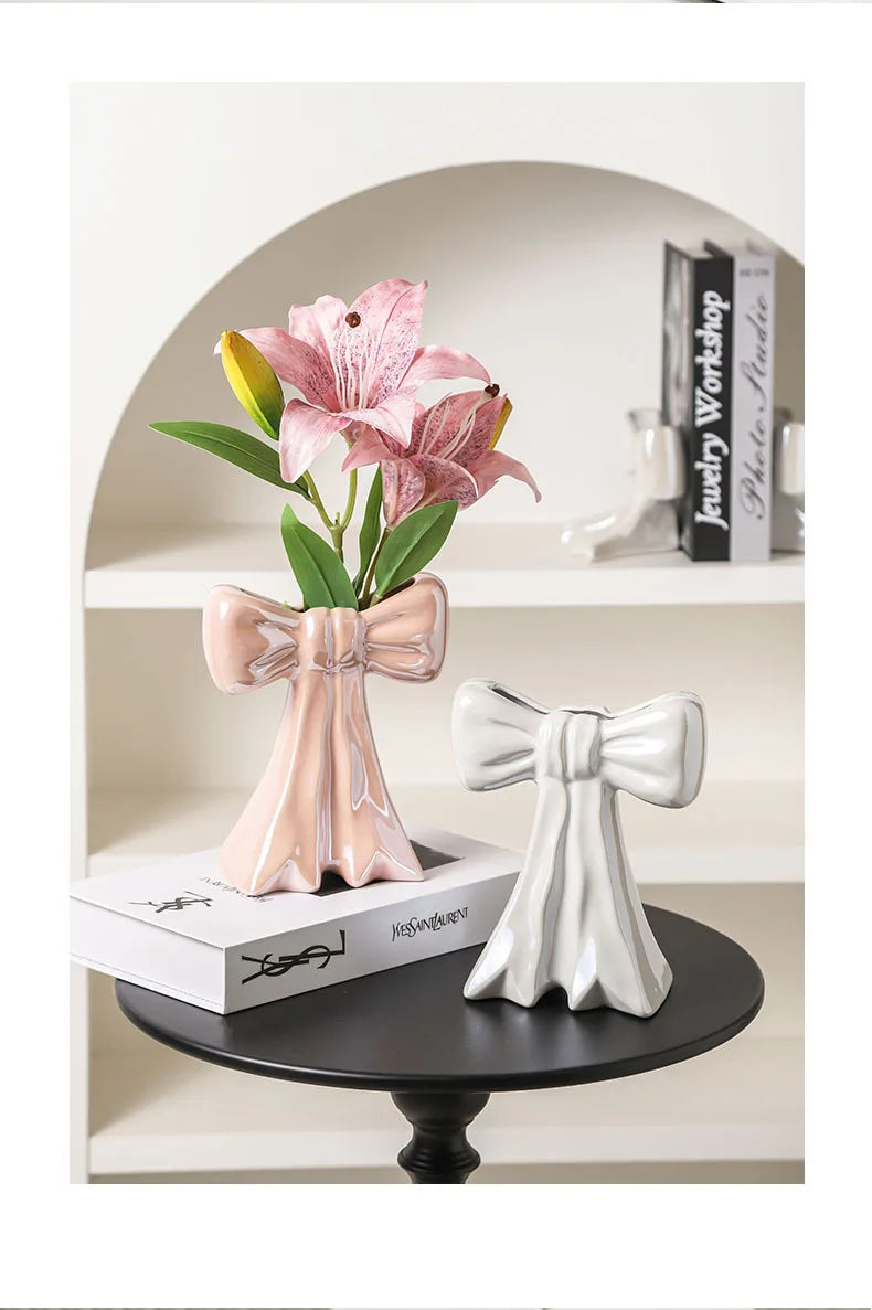 Lovely Bowknot Ceramic Vase Plant Pots Table Decoration Flowers Arrangement Shiny Porcelain Floral Vase Room Aesthetic Decor