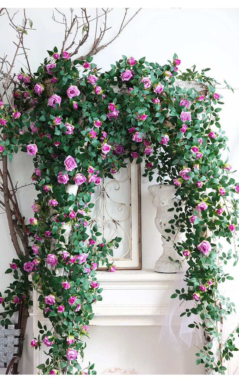 1.75m Artificial Rose Vine 22 Head Flower Fake Green Plant Flower Vine Wedding Arch Air Conditioning Pipe Wall Hanging Decor