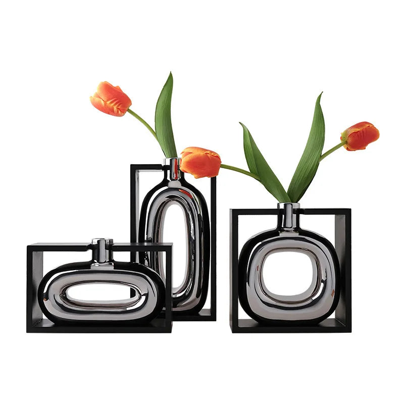 Silver Ceramic Vase Hollow Cutout Frame Hydroponic Flower Arrangement Flower Vase Terrarium Home Decoration Accessories
