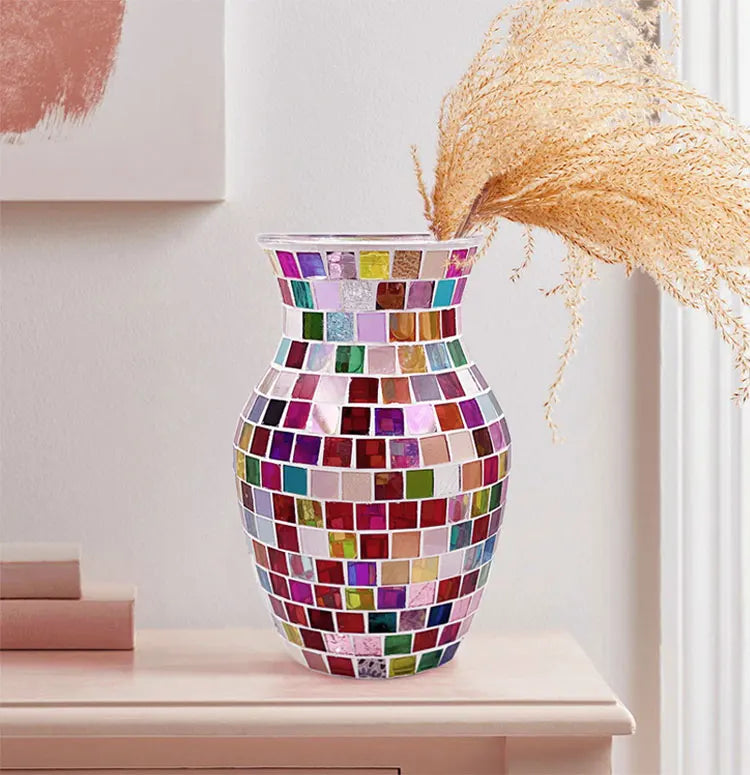 European Style Pastoral Mosaic Glass Vase, Pink and Purple, Fashion Home and Restaurant Decoration Furnishings