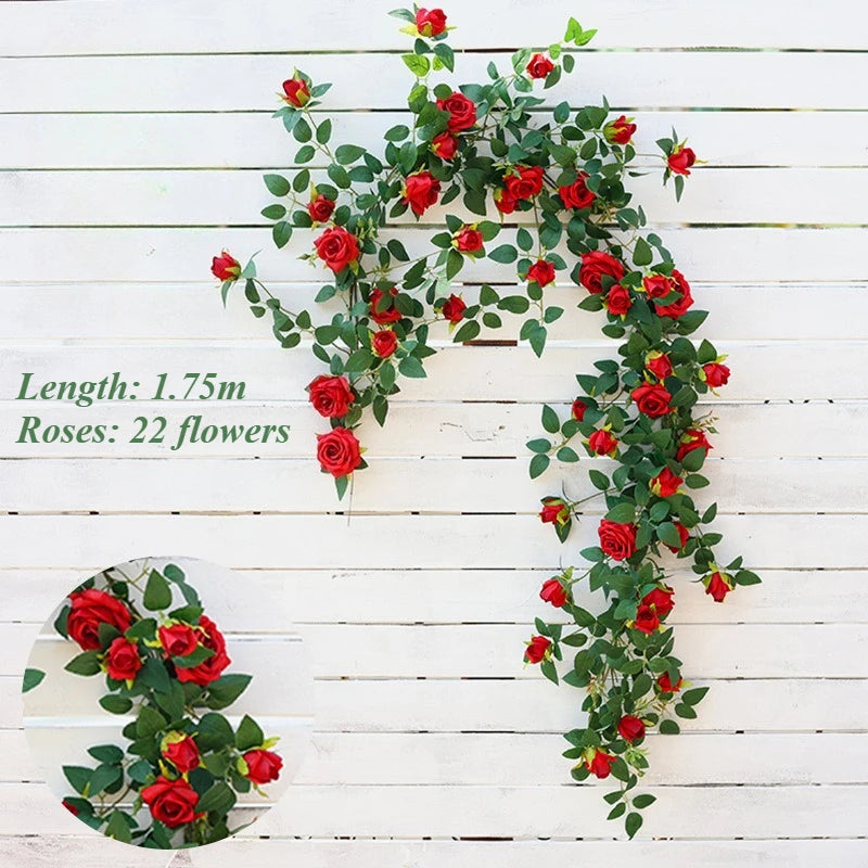 1.75m Artificial Rose Vine 22 Head Flower Fake Green Plant Flower Vine Wedding Arch Air Conditioning Pipe Wall Hanging Decor