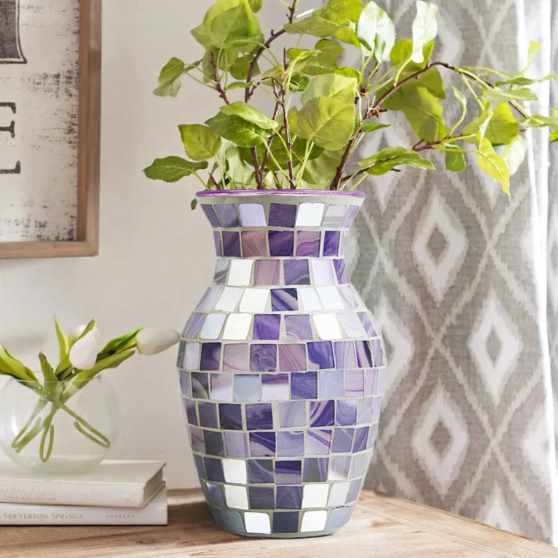 European Style Pastoral Mosaic Glass Vase, Pink and Purple, Fashion Home and Restaurant Decoration Furnishings