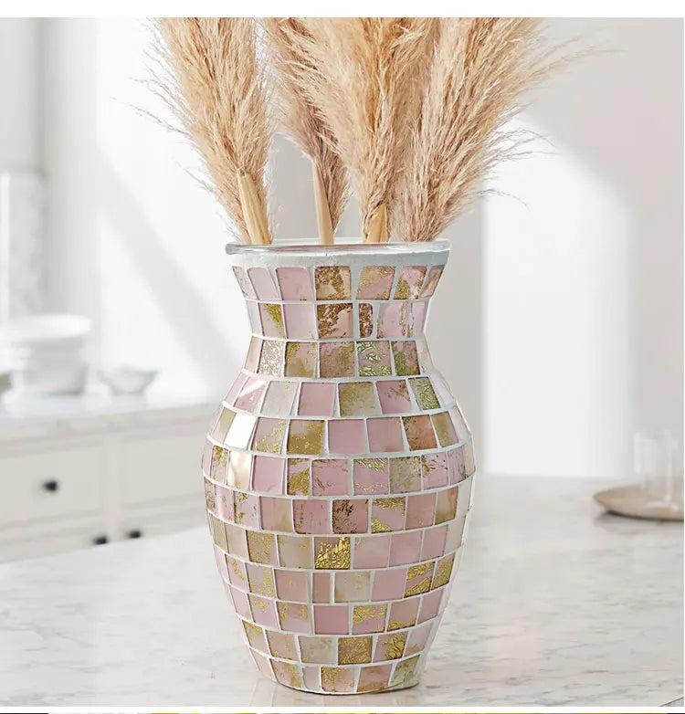 European Style Pastoral Mosaic Glass Vase, Pink and Purple, Fashion Home and Restaurant Decoration Furnishings