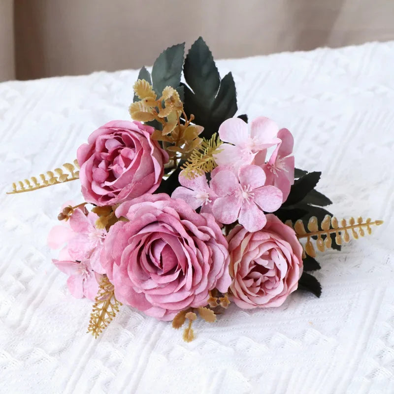 1 Bouquet purple Artificial Flowers Peony Tea Rose Autumn Silk Fake Flowers for DIY Living Room Home Garden Wedding Decoration