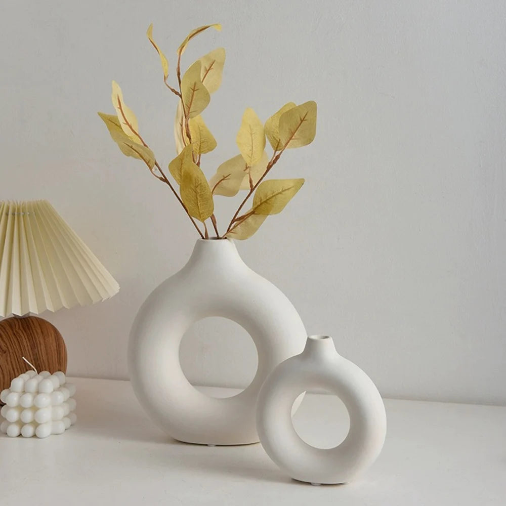 Nordic Vase Circular Hollow Ceramic Flower Vase For Home Living Room Decoration Accessories Interior Office Desktop Decor Gift