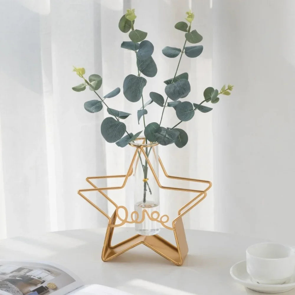 Nordic Style Creative Hydroponic Vase Tabletop Decoration Wrought Iron Frame Clear Glass Vase for Office Tabletop Decoration
