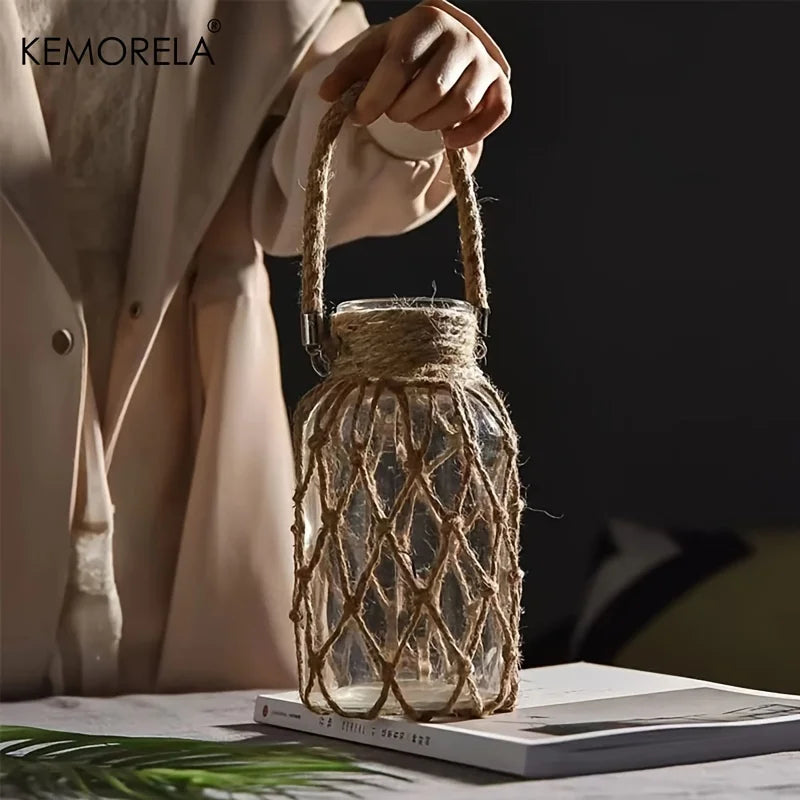 KEMORELA 1/2PCS Hand Woven Hemp Rope Glass Vase Dry Flower Table Decor Glass Vase Nordic Living Room Bedroom BohoHome Decoration