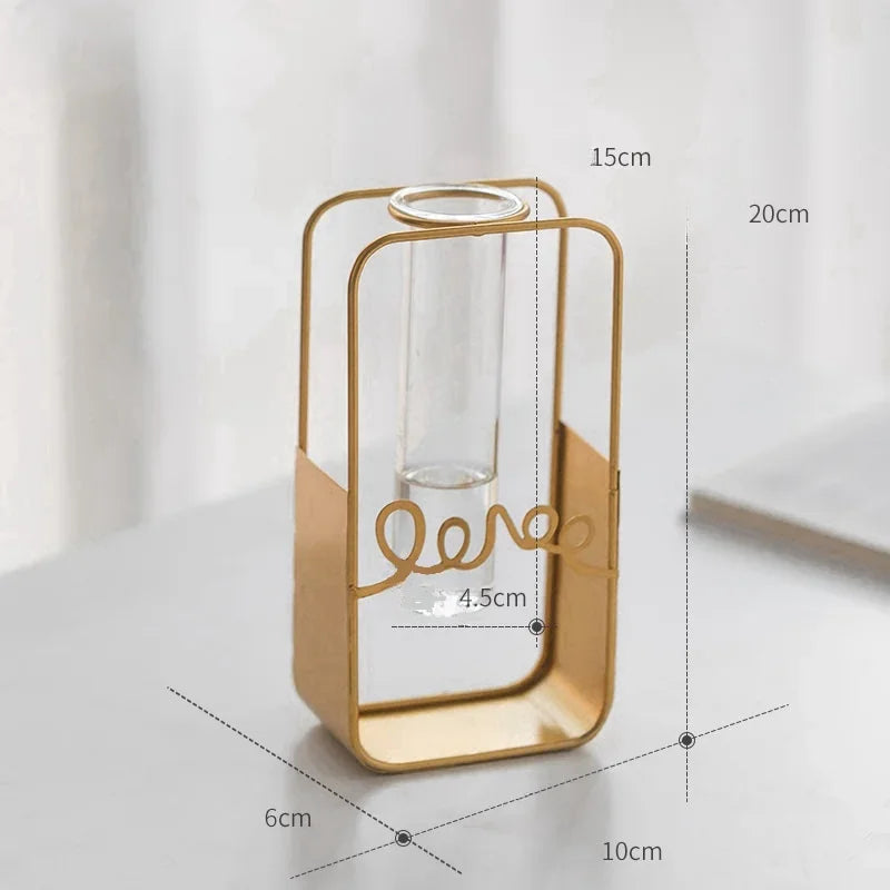 Nordic Style Creative Hydroponic Vase Tabletop Decoration Wrought Iron Frame Clear Glass Vase for Office Tabletop Decoration