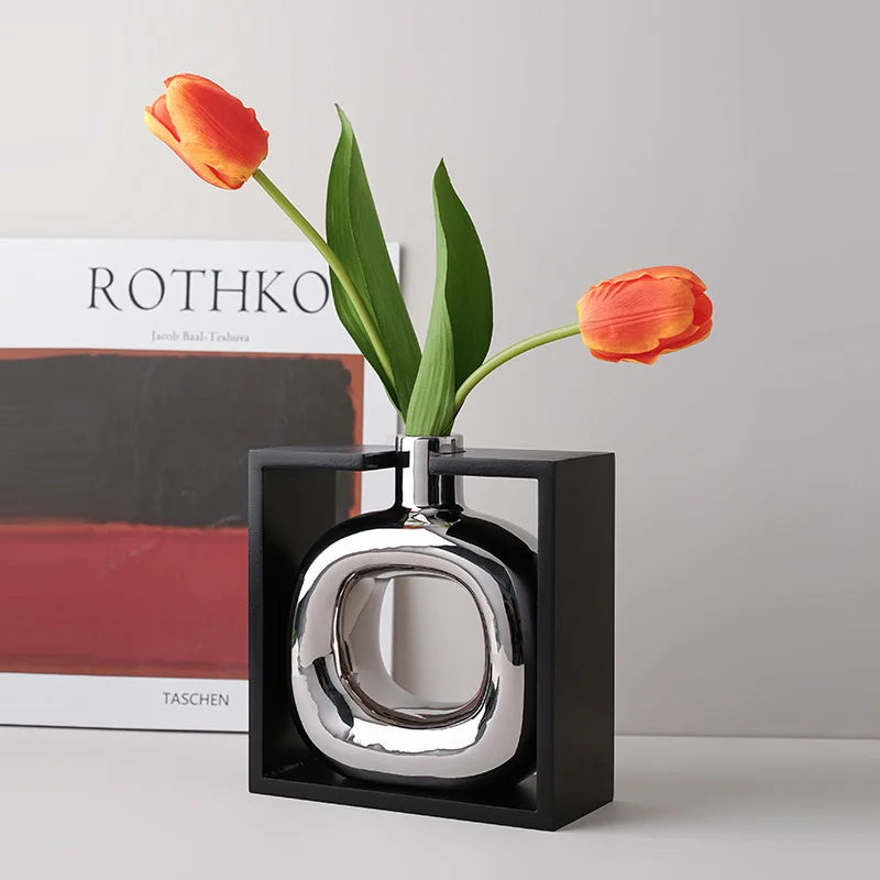 Silver Ceramic Vase Hollow Cutout Frame Hydroponic Flower Arrangement Flower Vase Terrarium Home Decoration Accessories