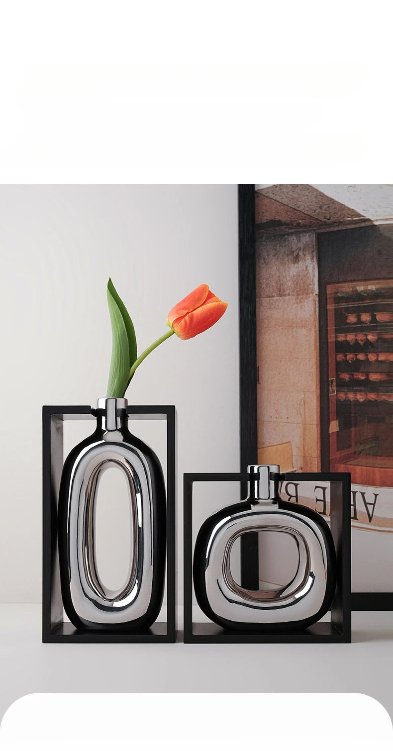 Silver Ceramic Vase Hollow Cutout Frame Hydroponic Flower Arrangement Flower Vase Terrarium Home Decoration Accessories
