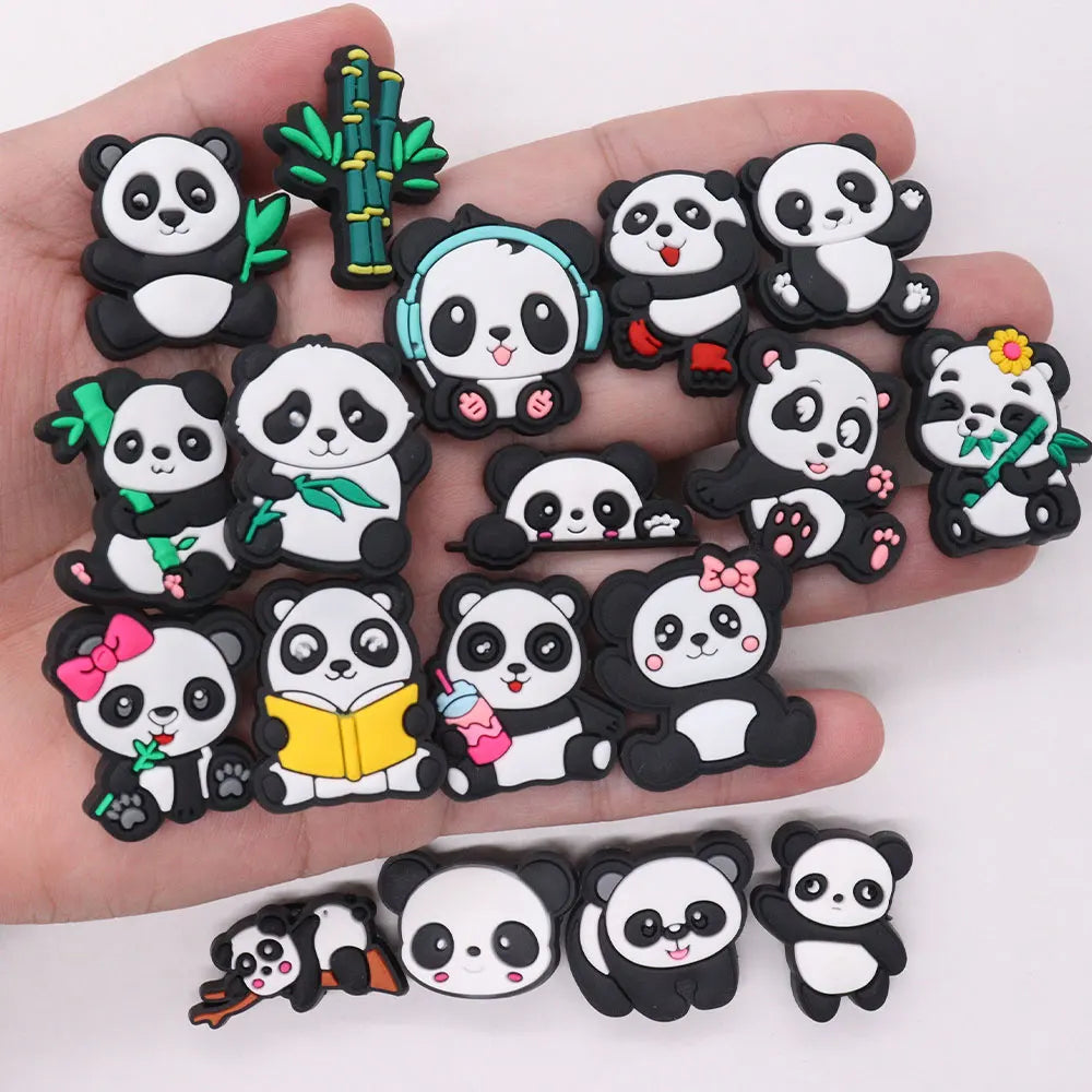 1-18PCS Cartoon Animal Panda Bamboo PVC Shoe Charms Buckle Clog Sandals Decoration Garden Shoes Button Accessories Children Gift