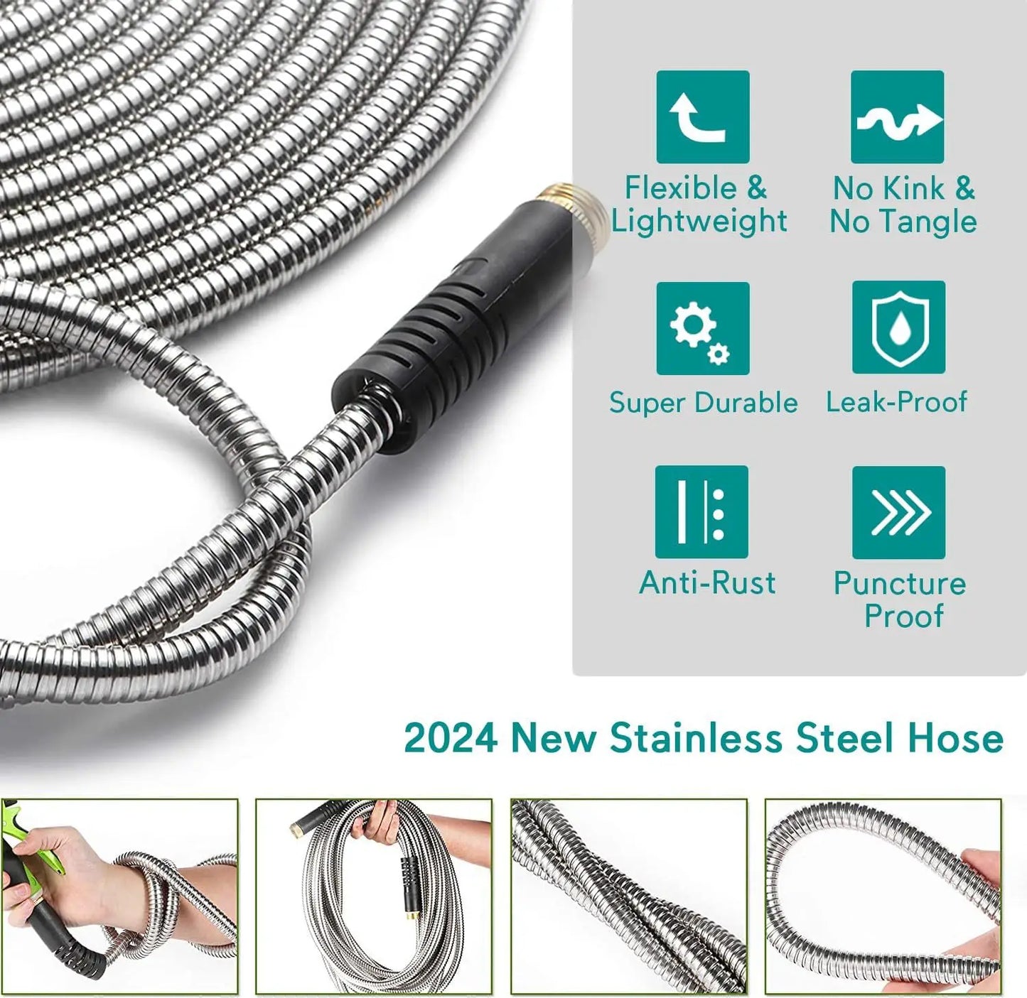 100ft Stainless Steel Garden Hose Metal Water Hose Patio Outdoor RV Car Wash Hose Watering Gun Hose Gardening Accessories
